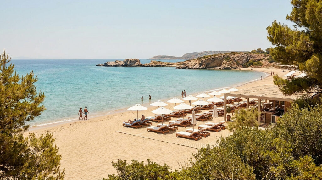 Athènes plage : ton guide pour bronzer sur la Riviera Vue plongeante sur une plage de sable fin avec des transats sous des parasols blancs et une eau turquoise en Grèce.