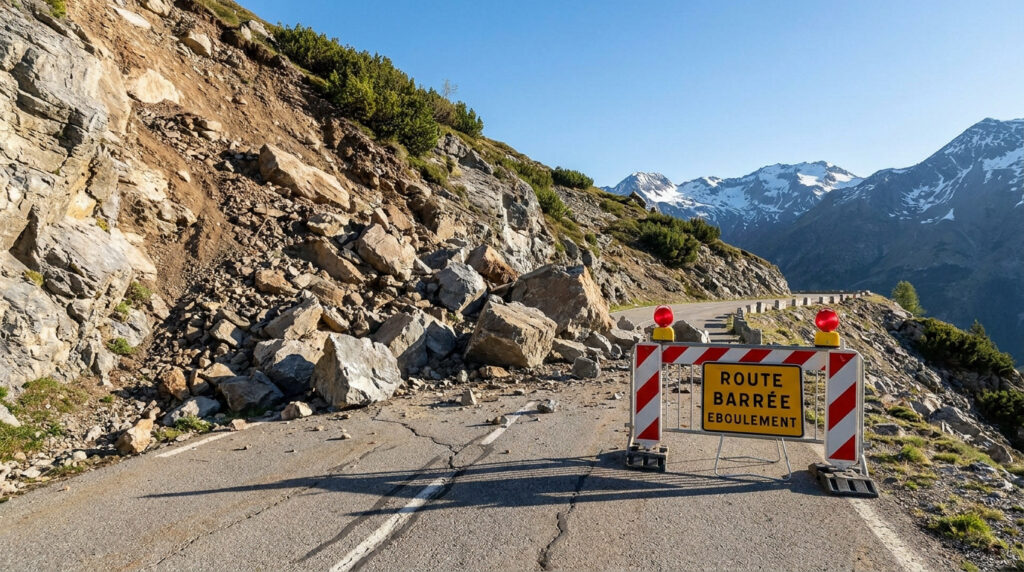 Une route de montagne bloquée par un éboulement de rochers avec un panneau de signalisation « Route barrée ».