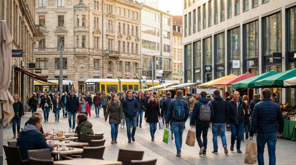 Caen population : les chiffres et les tendances à connaître Rue piétonne animée à Caen avec des passants, des terrasses de café et des étals de marché sous une lumière dorée.