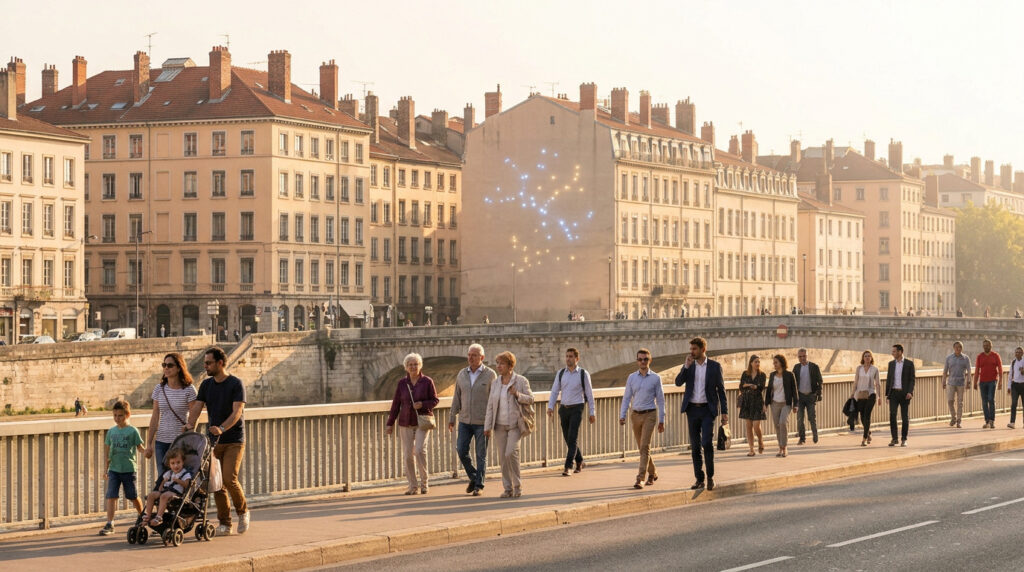 Tout savoir sur les habitants de Lyon et leur vie Des personnes de tous âges marchent sur un pont ensoleillé de Lyon, avec des bâtiments historiques et une installation lumineuse en arrière-plan.