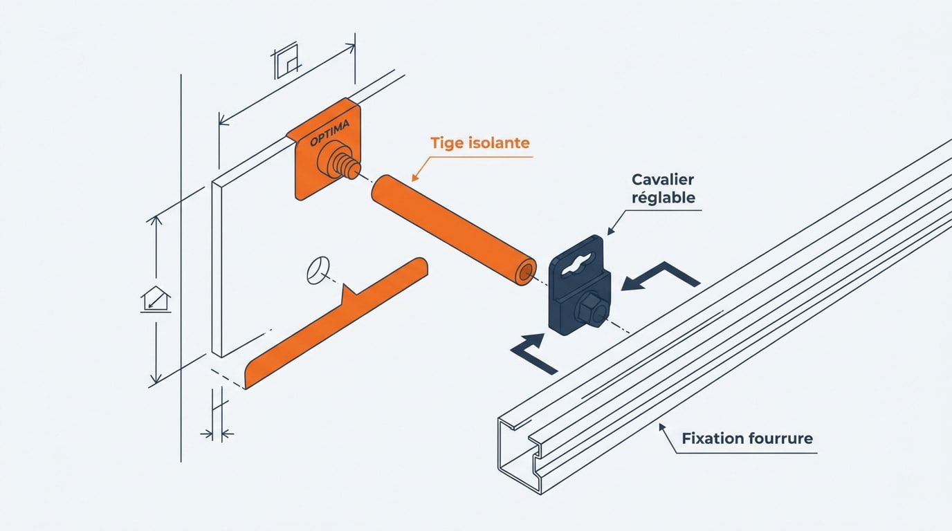 Système d'appui Optima avec tige polymère et cavalier pour isolation murale
