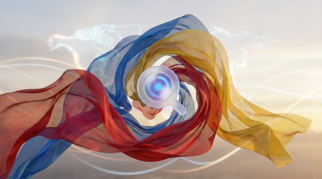 Reconnaître un drapeau rouge bleu jaune sans galérer Un tissu ondulant aux couleurs rouge, bleu et jaune tourbillonnant autour d'une icône de loupe sur fond de carte du monde.