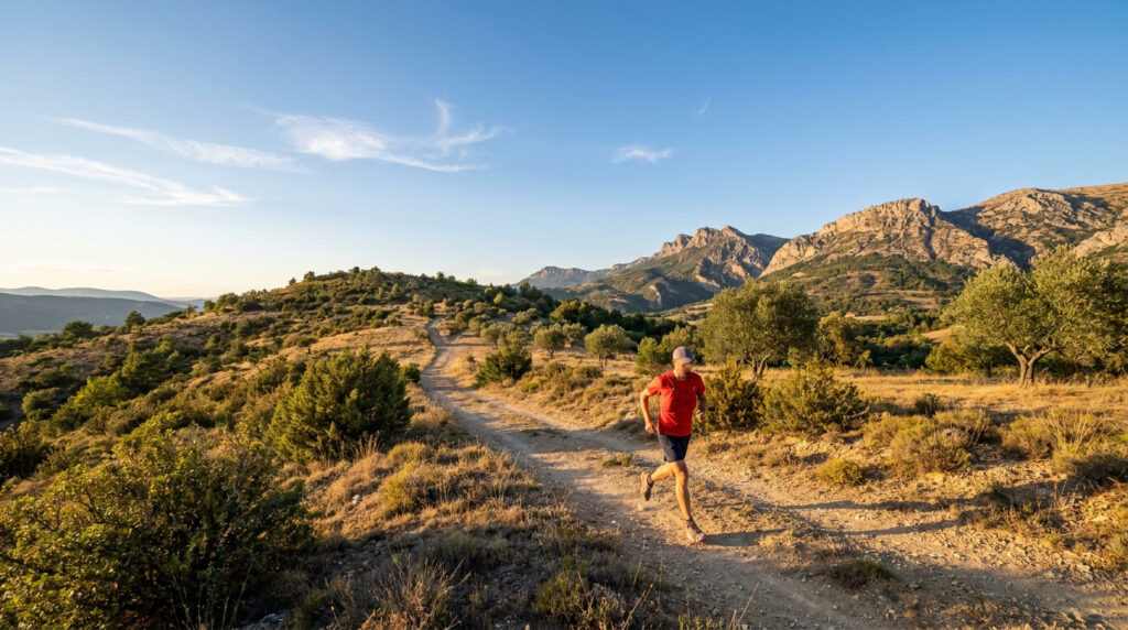Un coureur en t-shirt rouge court sur un sentier terreux dans les paysages ensoleillés de Haute-Provence.