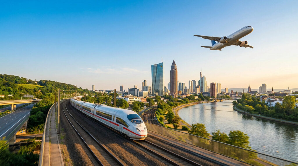 Vue de Francfort avec un train ICE en mouvement, la rivière Main, des gratte-ciel et un avion dans le ciel bleu clair au crépuscule.