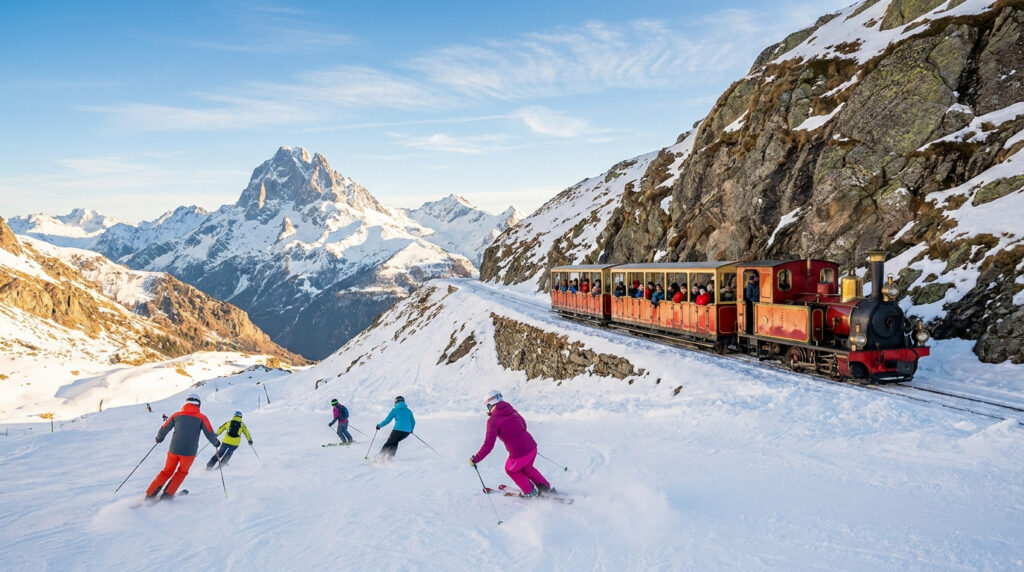 Pourquoi tu vas adorer Artouste station, la pépite d’Ossau Un petit train rouge circule sur une voie ferrée enneigée dans les montagnes près de skieurs en pleine action.