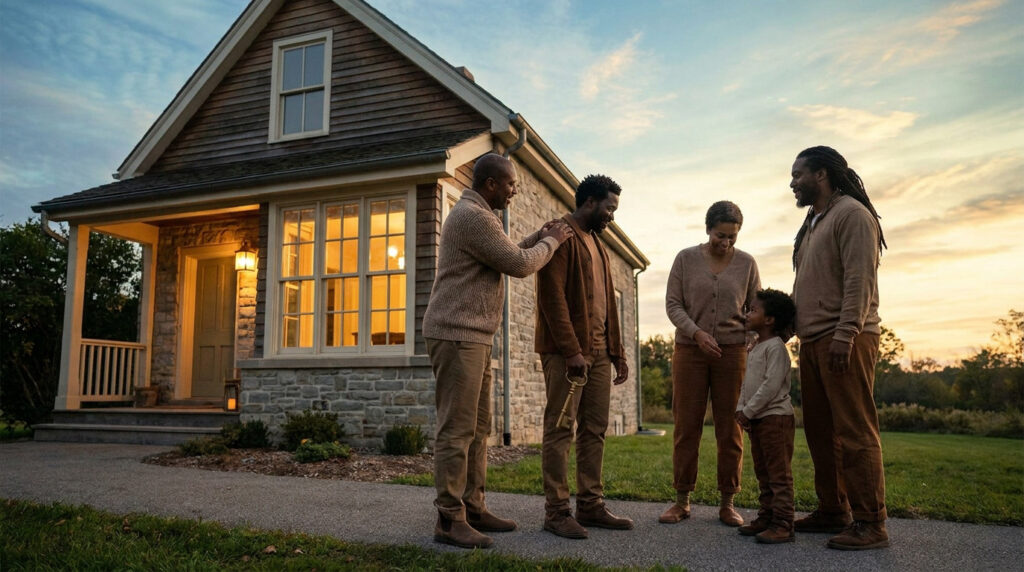 Une famille souriante devant sa nouvelle maison au coucher du soleil, tenant une clé symbolique.