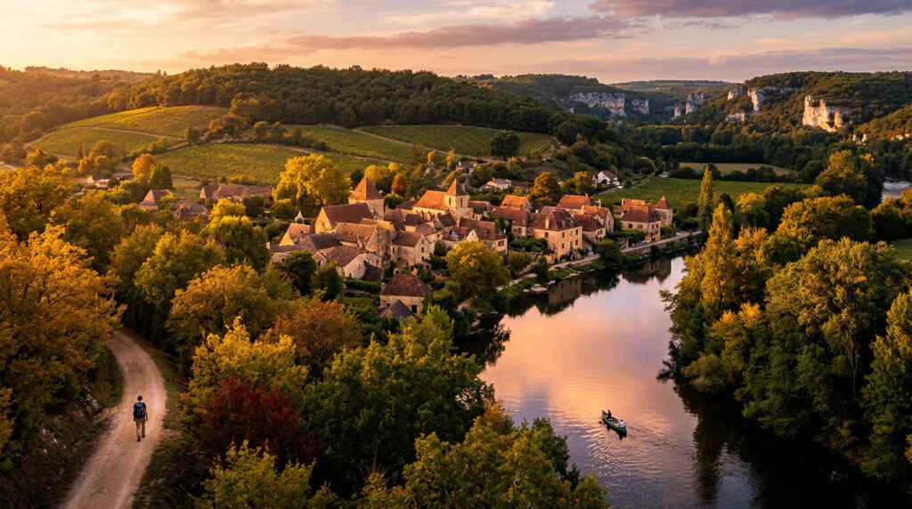 Magnifique village de Dordogne au bord d'une rivière sinueuse, entouré de forêts et falaises sous un ciel doré. Un randonneur et un canoë.