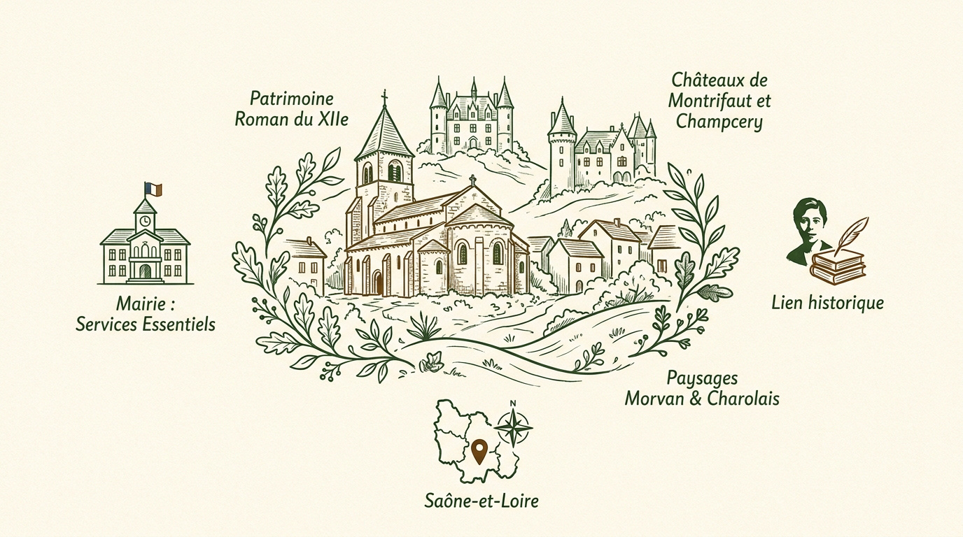 Vue du village d'Issy-l'Évêque et de son église romane