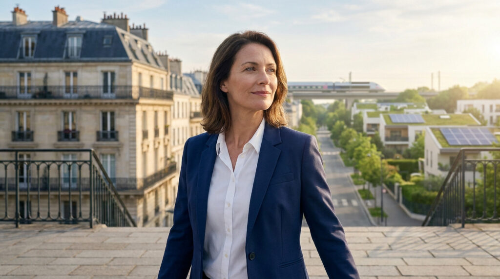Kristell Niasme : origine et parcours de la maire Kristell Niasme, femme élégante en veste bleue, regardant l'horizon devant une ville moderne.