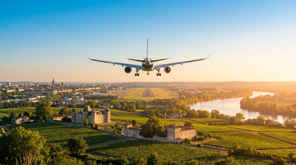 Avion Lille Bordeaux : ton escapade dans le Sud-Ouest Avion en approche finale au-dessus de vignobles, châteaux, une ville et une rivière, sous un ciel clair.