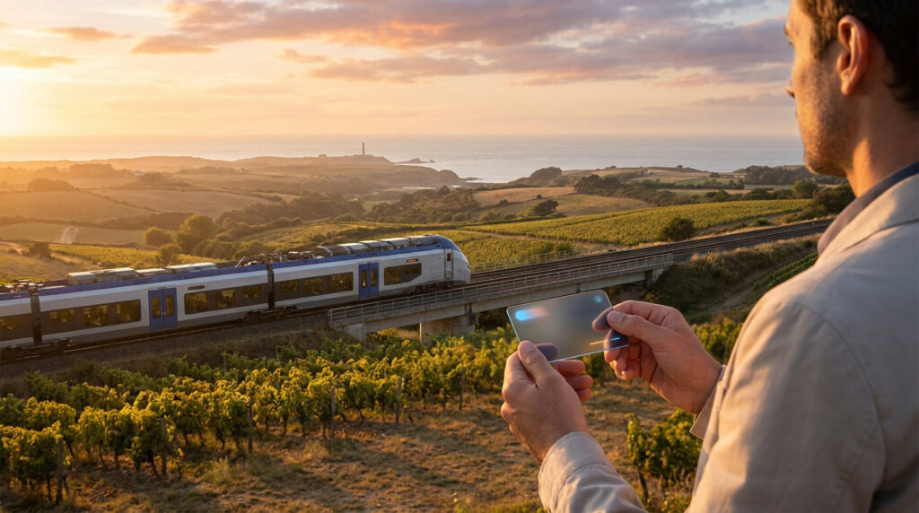 Aquitaine : ta carte complète pour tout savoir en 2026 Un homme regarde un train sur un viaduc au-dessus des vignobles en tenant une carte numérique transparente.