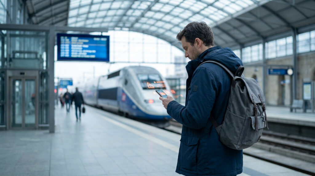Un homme consulte son smartphone sur un quai de gare, avec un TGV en arrière-plan. Des alertes s'affichent sur son écran.