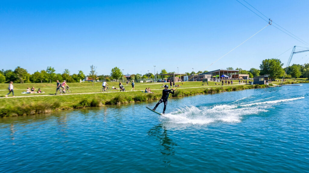 Le lac de Sesquières : ton spot sport et glisse à Toulouse Un pratiquant de wakeboard glisse sur l'eau au lac de Sesquières sous un ciel bleu dégagé.