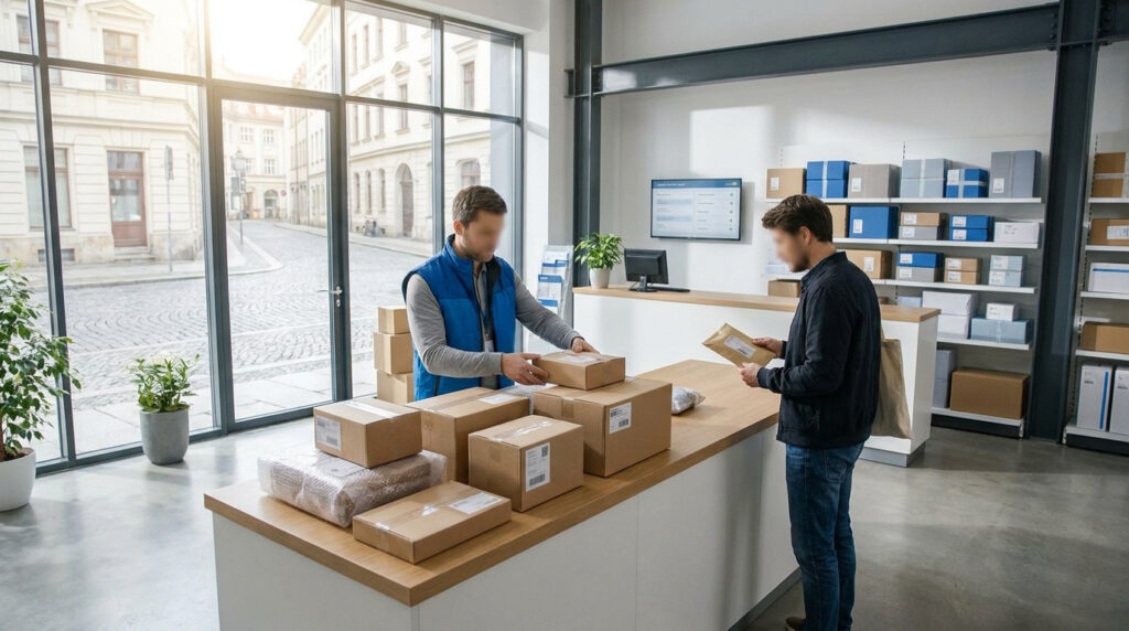 Chronopost Dijon : adresse, horaires et infos sur tes colis Un employé Chronopost reçoit un colis d'un client au comptoir d'une agence moderne et lumineuse.