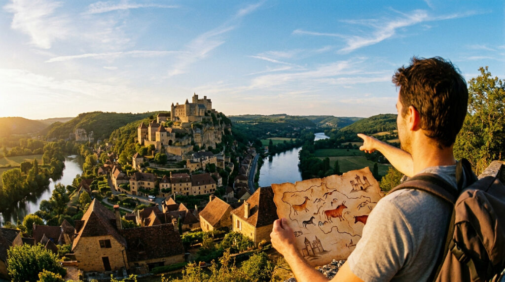Un touriste tenant une carte illustrée pointe du doigt un village médiéval surplombé par un château dans la vallée.