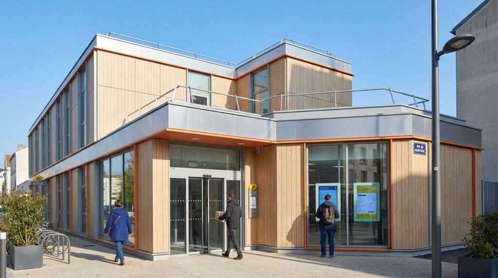Laposte montreuil : horaires, services et infos pratiques Façade moderne d'un bureau de La Poste à Montreuil avec des clients entrant et consultant les horaires.
