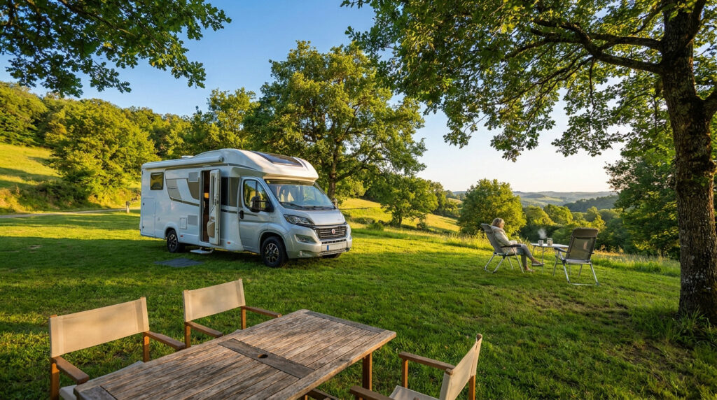 Tout savoir sur ton séjour au camping Bouriette à Toulouse Camping-car blanc garé dans un champ verdoyant avec une personne assise devant, sous des arbres ensoleillés.