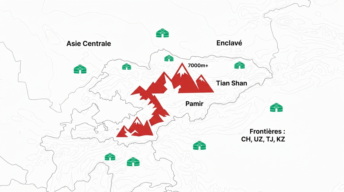 Carte du Kirghizistan montrant les reliefs du Tian Shan et les frontières avec la Chine et l'Ouzbékistan