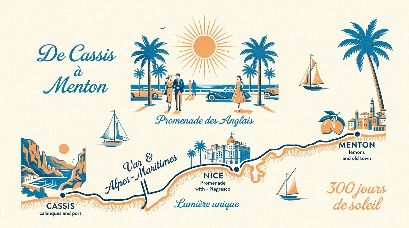 Carte illustrée vintage de la Côte d'Azur montrant les stations balnéaires des années 50