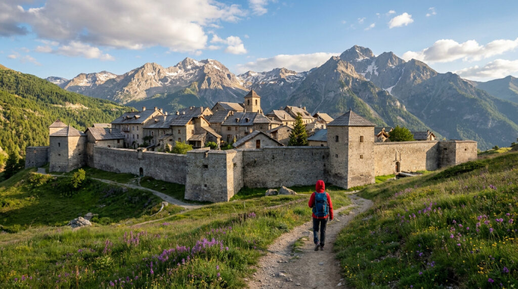 Colmars-les-Alpes : ton escapade rando dans le Mercantour Un randonneur en veste rouge s'approche d'un village médiéval fortifié entouré de montagnes dans les Alpes.