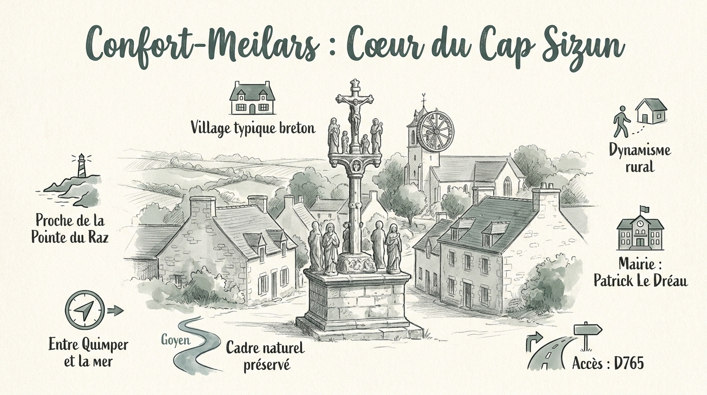 Vue du bourg de Confort-Meilars avec son église et son calvaire historique