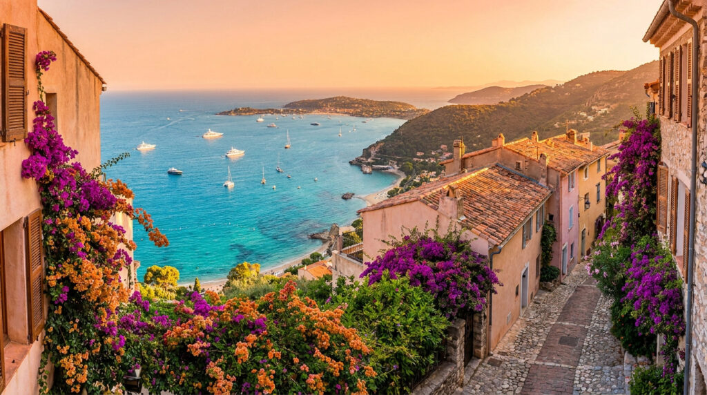 Tout savoir sur la Côte d’Azur pour un séjour de rêve Vue en plongée d'une rue fleurie de bougainvilliers surplombant la baie azur de Saint-Jean-Cap-Ferrat au coucher du soleil.