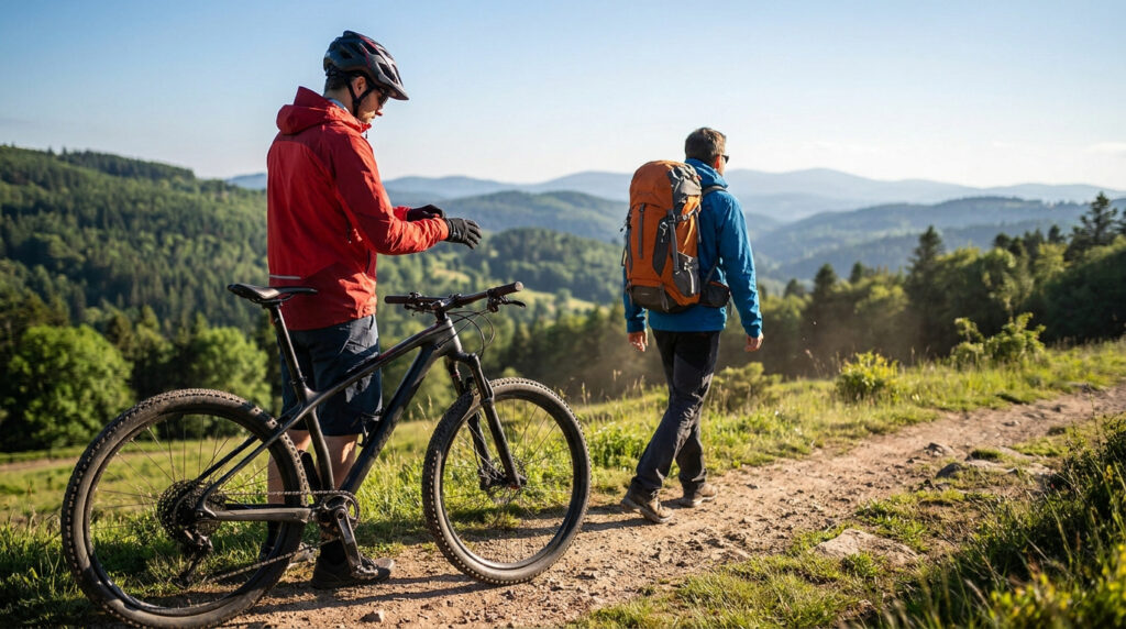 Intersport Cernay : tout savoir pour s’équiper comme un pro Un cycliste vérifiant sa montre à côté de son VTT tandis qu'un randonneur avec un sac à dos marche sur un sentier.