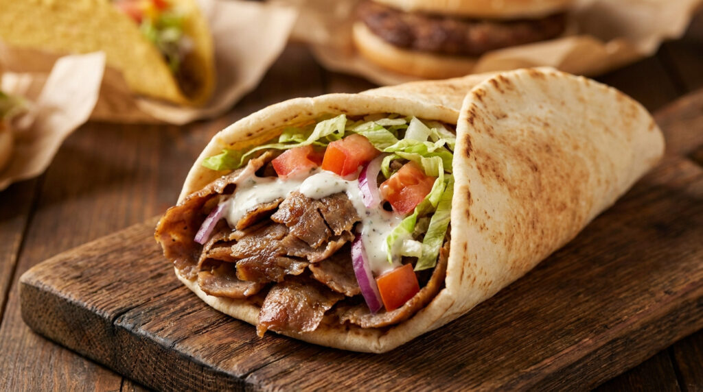 Doner King : ton festin halal incontournable à Bollène Un délicieux kebab avec de la viande grillée, de la salade et de la sauce sur une planche en bois.