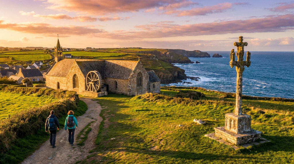 Couple marchant sur un sentier côtier face à une église bretonne et une croix en pierre au coucher du soleil.