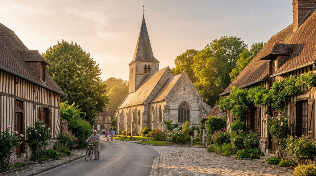 Vieux village normand avec église en pierre, maisons à colombages et habitants se promenant sous une lumière dorée.