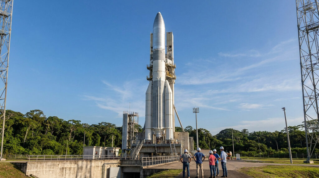 Une équipe observe la fusée Ariane 5 sur son pas de tir au Centre Spatial Guyanais entouré de forêt tropicale.