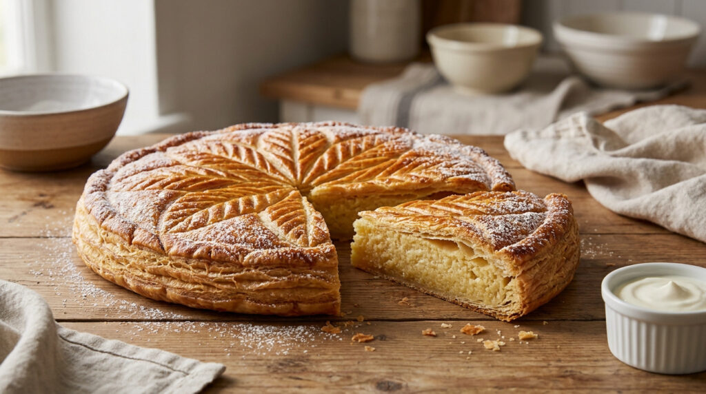 Recette frangipane : le secret d’une galette onctueuse Une galette des Rois dorée et croustillante coupée, posée sur une table en bois avec un petit ramequin de crème.