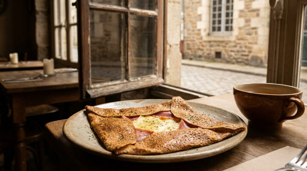 Une galette bretonne complète sur une assiette en céramique, accompagnée d'une bolée de cidre dans une crêperie traditionnelle.