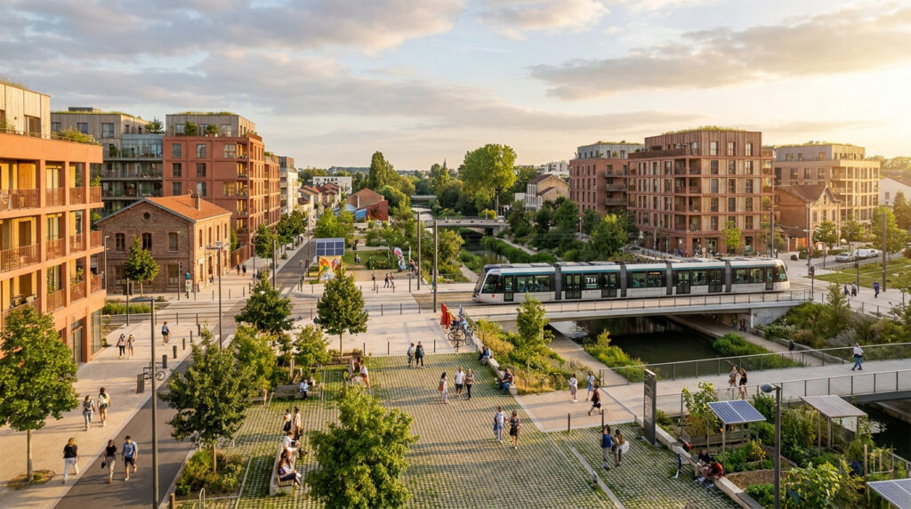 Garges-lès-Gonesse en 2026 : tout savoir sur la ville du 95 Tramway circulant dans un quartier moderne de Garges-lès-Gonesse avec des espaces verts et des passants.