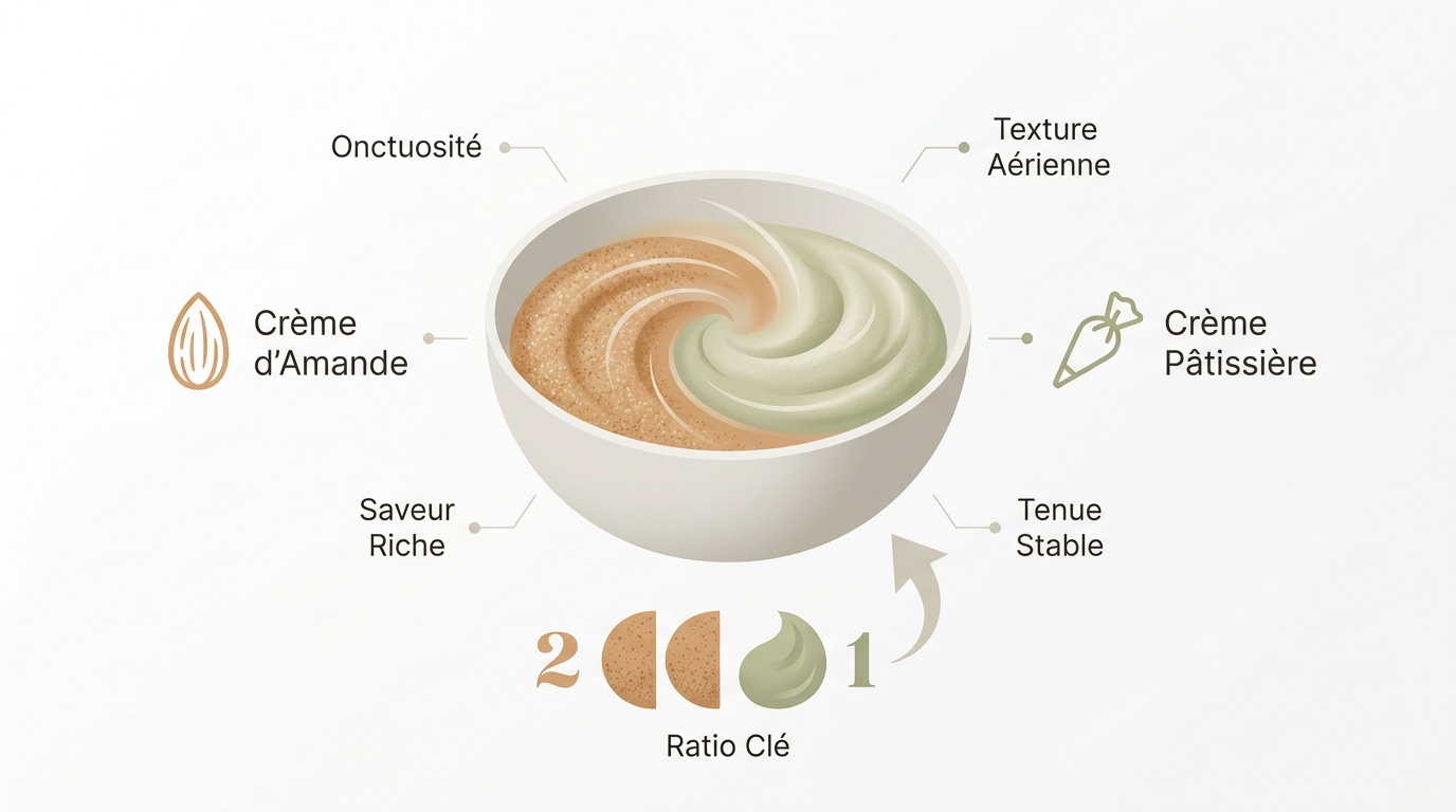 Infographie comparative entre la crème d'amande et la crème pâtissière pour la frangipane
