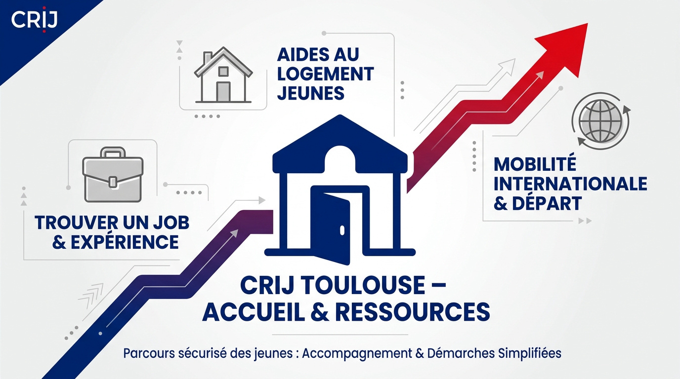 Infographie présentant les services d'accueil et les ressources du CRIJ Toulouse pour les jeunes