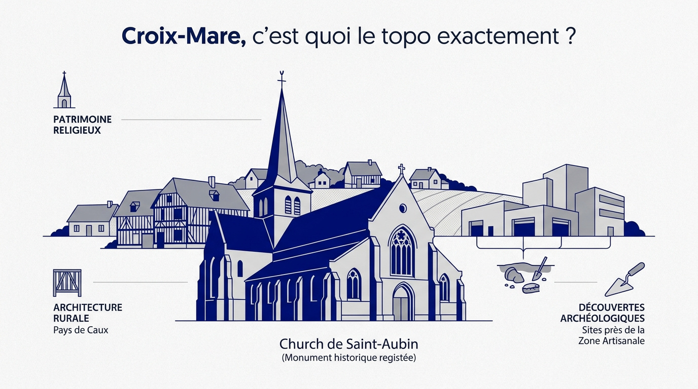 Infographie présentant le patrimoine architectural et les découvertes de Croix-Mare