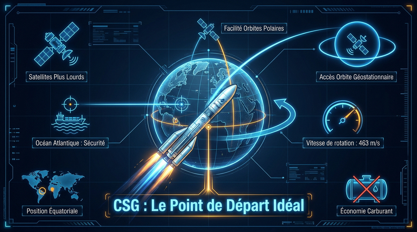Infographie montrant les avantages géographiques du centre spatial guyanais à Kourou