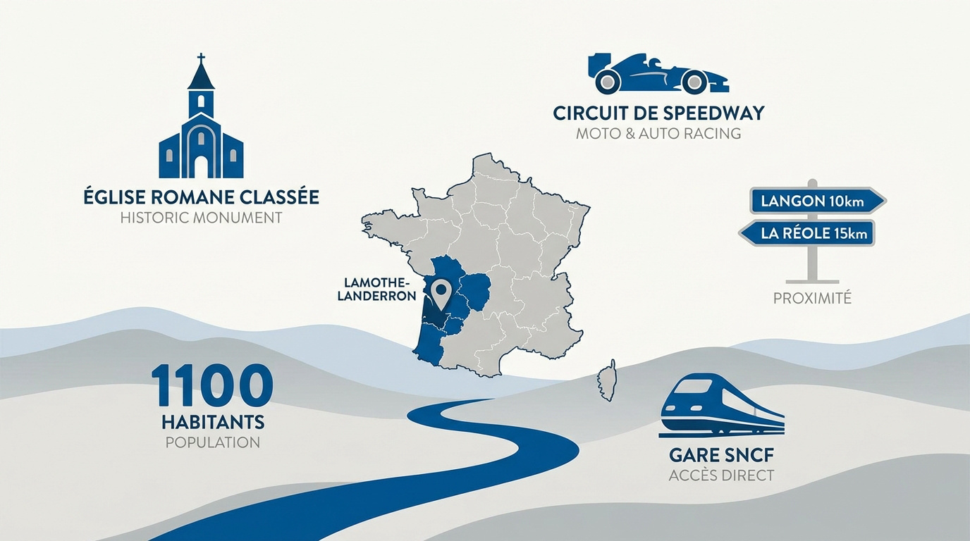 Infographie présentant les chiffres clés et la localisation de Lamothe-Landerron en Gironde