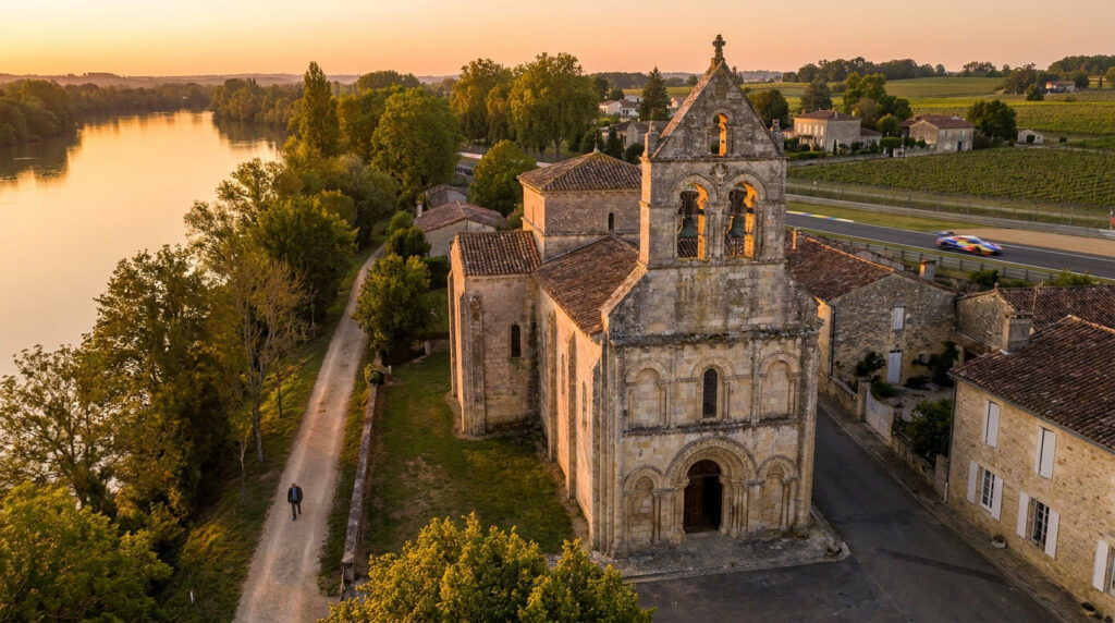 Vue aérienne au coucher du soleil de l'église romane de Lamothe-Landerron au bord de la rivière Dropt.