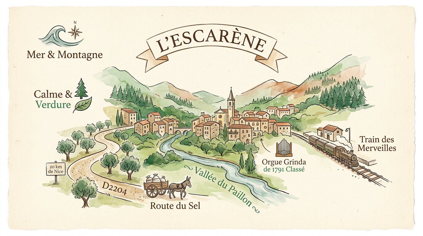 Carte géographique de L'Escarène et de ses environs dans l'arrière-pays niçois