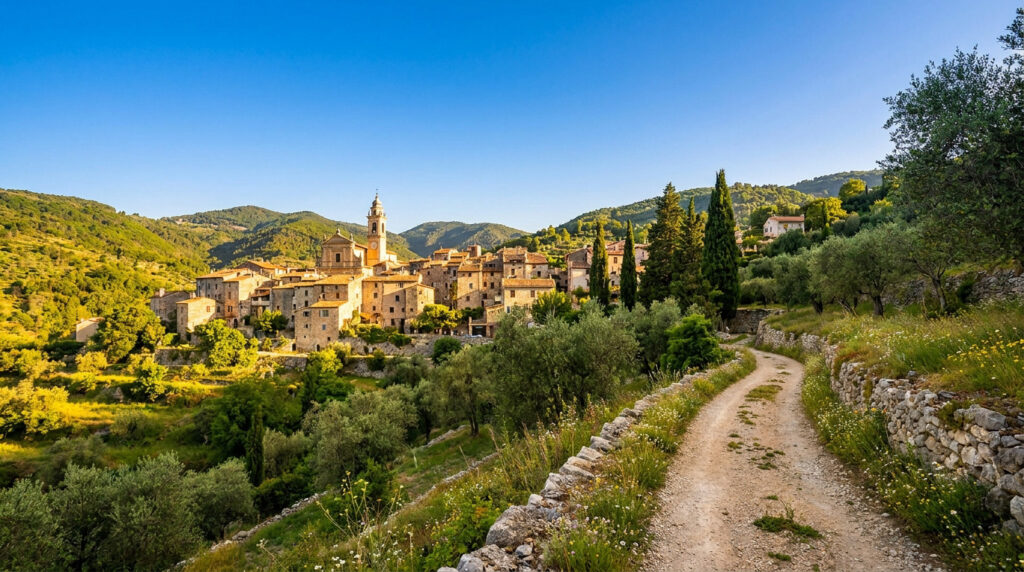 Vue panoramique sur le village de L'Escarène avec ses maisons en pierre et son clocher au cœur des collines verdoyantes.