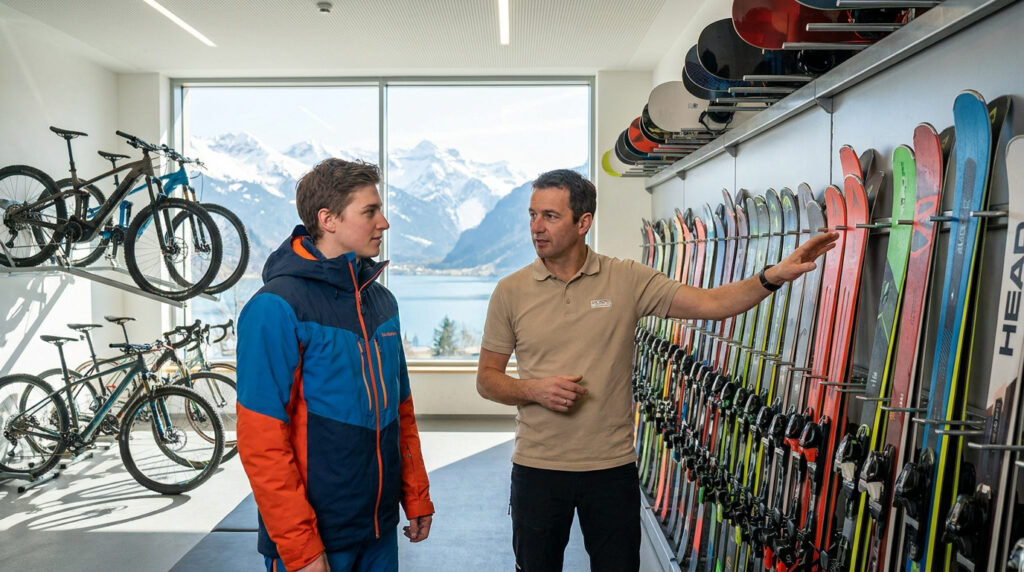 Intersport annecy : ton shop expert pour louer tes skis Un vendeur Intersport conseille un client sur le choix de skis devant une baie vitrée avec vue sur le lac d'Annecy.