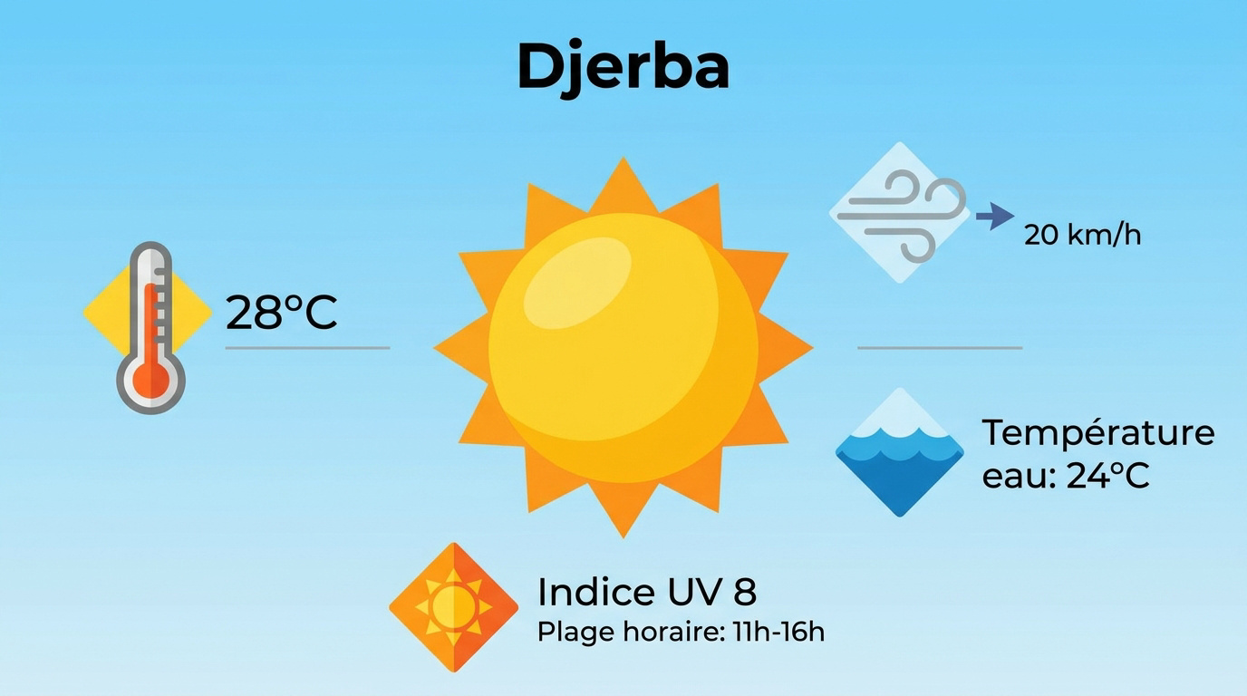 Plage ensoleillée à Djerba avec ciel bleu et palmiers