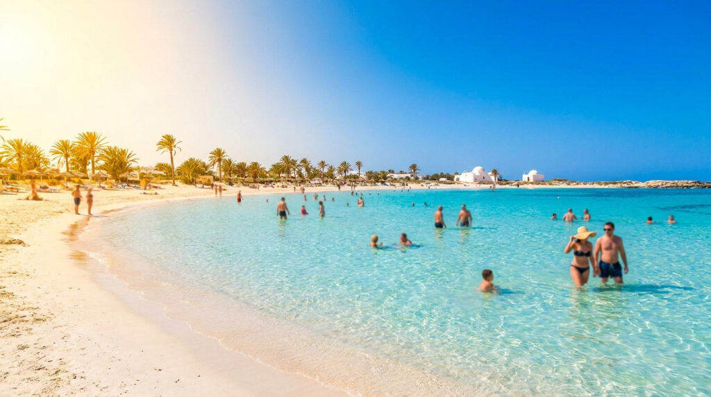 Plage de sable blanc avec des palmiers, une mer turquoise cristalline et des touristes qui se baignent sous le soleil.