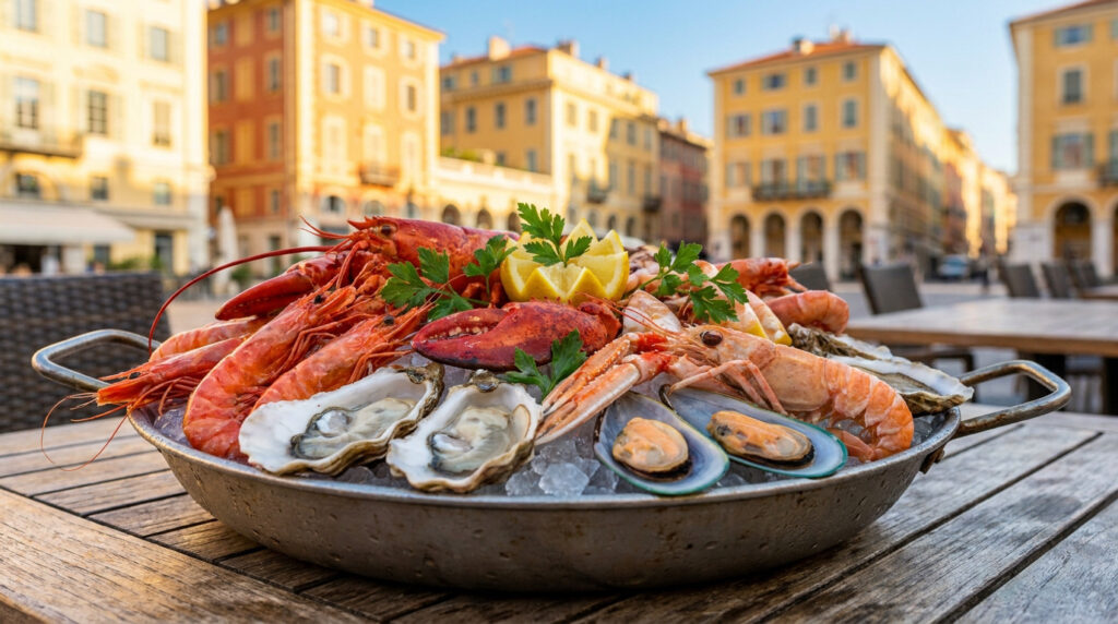 Le café de Turin : l’escale iodée incontournable à Nice Un grand plateau de fruits de mer frais, incluant homard, crevettes et huîtres, sur une table à Nice.