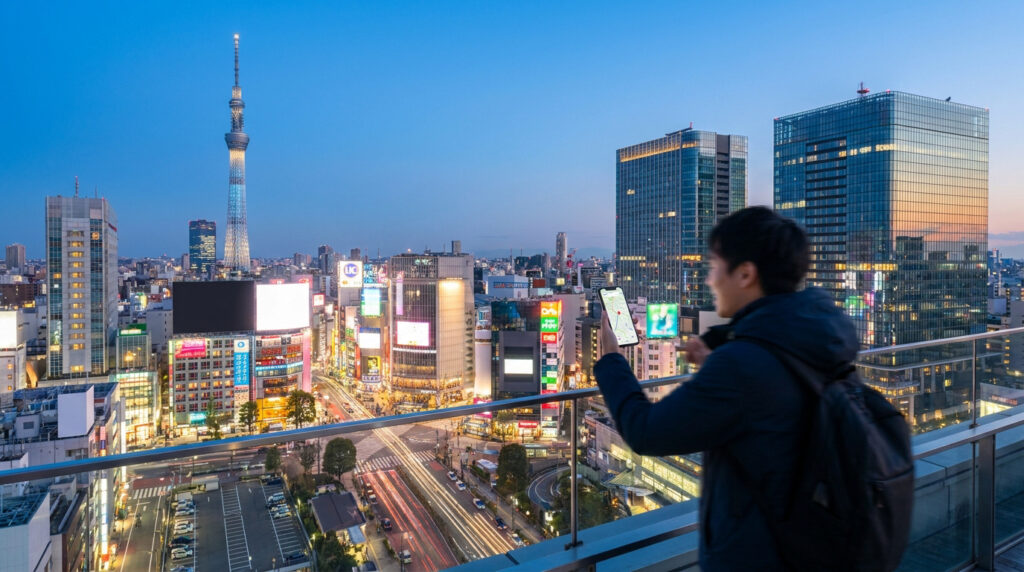 Billet pour Tokyo : astuces pour payer moins cher en 2026 Un voyageur regarde son smartphone sur une terrasse avec vue panoramique sur Tokyo et la Tokyo Skytree au crépuscule.