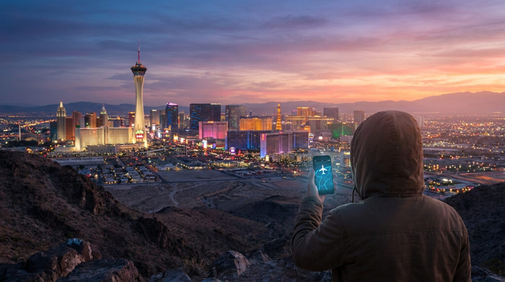 Billet pour las vegas : comment payer moins cher en 2026 ? Une personne regarde un smartphone avec une icône d'avion devant le panorama nocturne de Las Vegas.