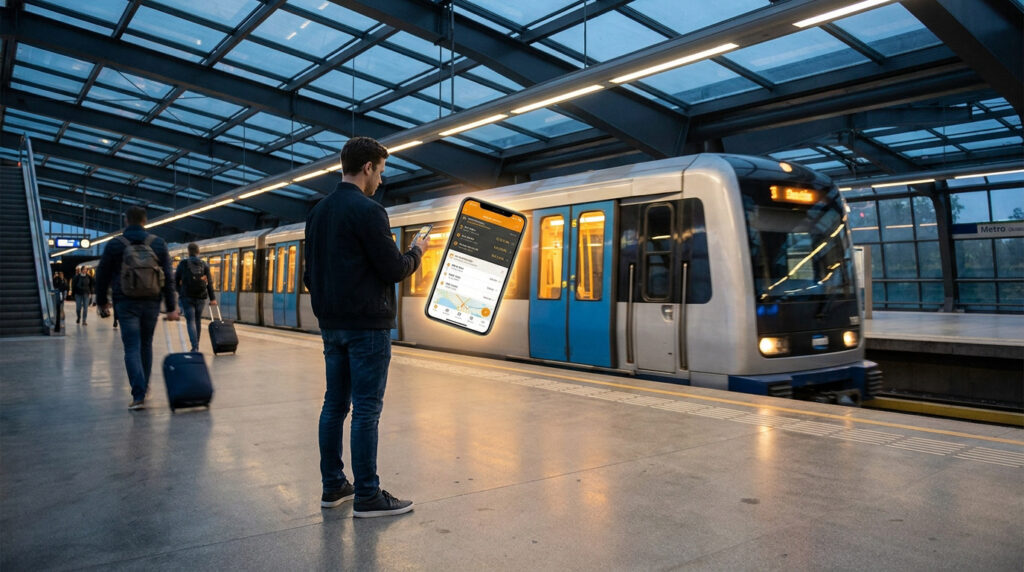 Ton métro : horaires, astuces et derniers départs Un voyageur consulte les horaires de métro sur son smartphone sur le quai d'une station moderne.