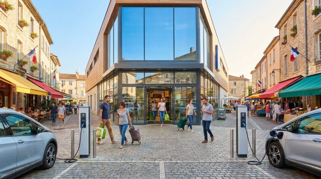 Entrée d'un magasin Lidl moderne en centre-ville avec bornes de recharge pour voitures électriques et clients.